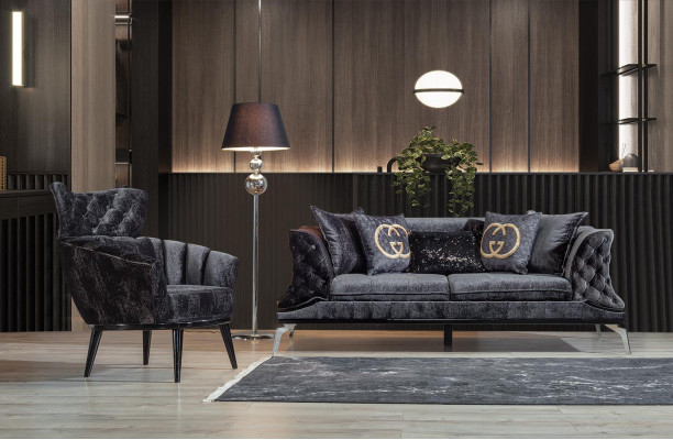 Sofa 3 Seat Upholstery Furniture Three Seater Couches Black Wood with Metal