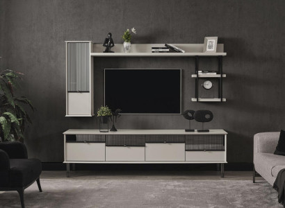 Gray living room set TV lowboard wall cabinet designer shelves 4-piece set