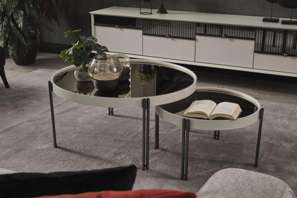 Black and white coffee table set designer 2x round table living room glass table