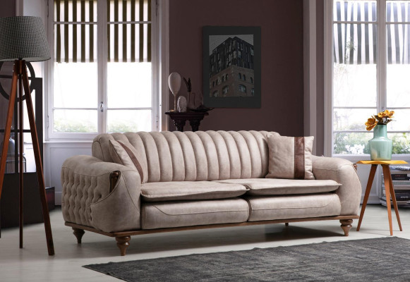 Beige Three Seater Chesterfield Couch Upholstery Furniture Textile Couches Fabric