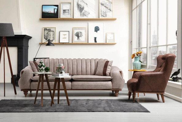 Beige Three Seater Chesterfield Couch Upholstery Furniture Textile Couches Fabric