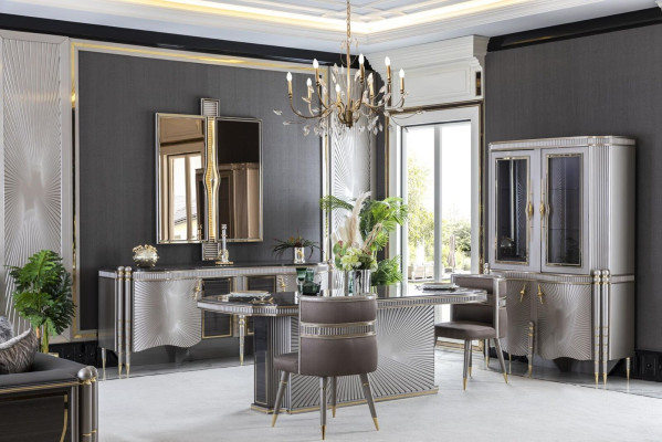 Dining room set gray dining table luxury 4x chairs sideboard mirror display case luxury 8 pieces.