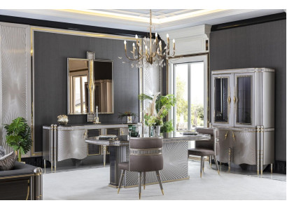 Dining room set gray dining table luxury 4x chairs sideboard mirror display case luxury 8 pieces.