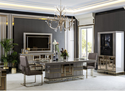Elegant Dining room Set Gray Dining table 4x Chairs Sideboard Mirror 8pcs.