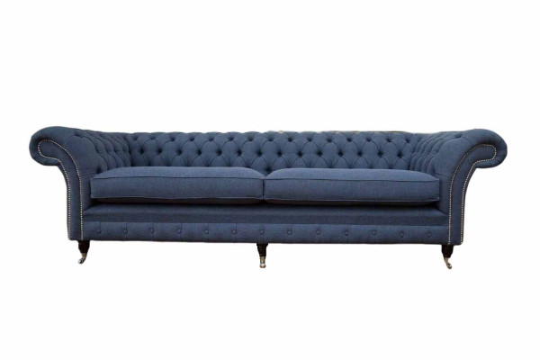 Design Chesterfield Sofa 4 Seater Fabric Couch Blue Upholstery Living room
