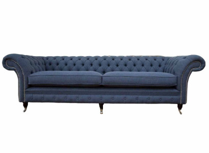 Design Chesterfield Sofa 4 Seater Fabric Couch Blue Upholstery Living room