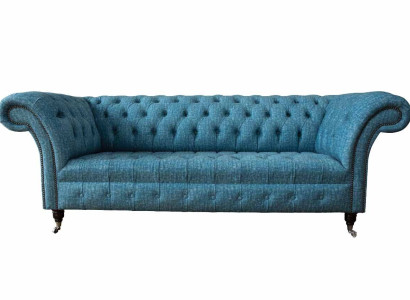 Blue three-seater velvet couch living room couches sofa seating furniture sofa Chesterfield