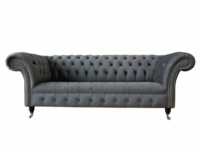 English Chesterfield Sofa Couch Office Furniture Three Seat Velvet 230cm Gray