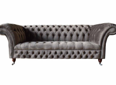 English Chesterfield Sofa Couch Office Furniture Three Seat Velvet 230cm Taupe