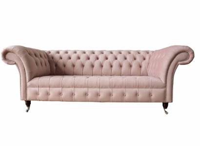 Chesterfield 3 Seater Pink Design Couches Upholstery Sofas Fabric Textile