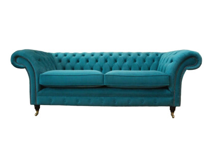 Chesterfield Three Seater Blue Fabric Living room Design Upholstery Sofa