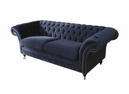 Classic Chesterfield Living room Velvet Couch Blue 3 Seater Textile Sofas