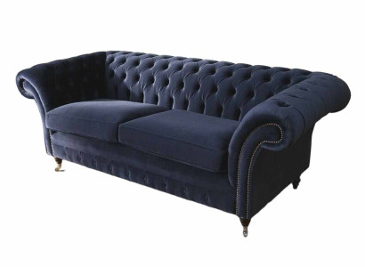 Classic Chesterfield Living room Velvet Couch Blue 3 Seater Textile Sofas