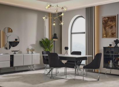 Luxury Dining room Black Gray Dining table 6x Chairs Sideboard Dining set 9pcs.