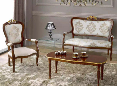 Classic seating set Two-seater Armchair Coffee table Designer wooden furniture