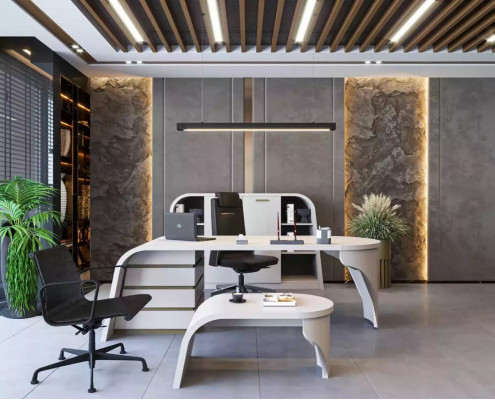 White Office Set Chef Desk Oval Coffee table Filing cabinet Shelf 3pcs.