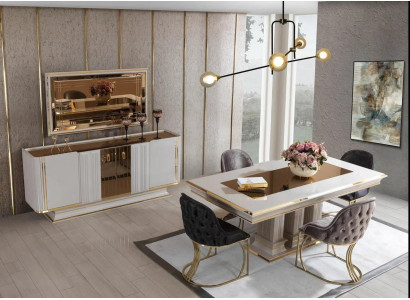 Set Group Table 6x Chairs Sideboard-with Mirror Wood Dining room Design