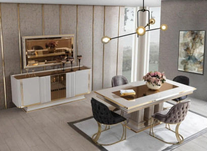 Set Group Table 6x Chairs Sideboard-with Mirror Wood Dining room Design