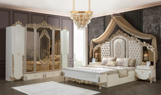 Bedroom Set Bed 2x Bedside tables Stool Luxury new 5tlg Design Wood