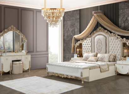 Bedroom Set Bed with Stool 2x Bedside tables Luxury new 4-piece Design Wood
