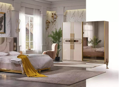 Beige Bedroom Set Bed 2x Bedside tables Wardrobe Dressing table