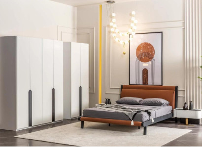 Bedroom furniture Double bed Bed Bedside tables Orange wardrobe set 5 pieces