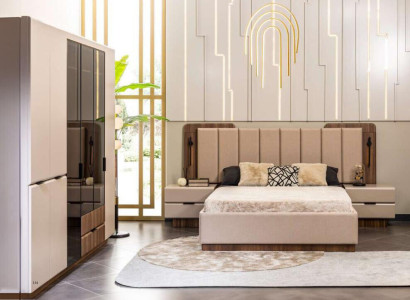 Luxury Double bed Suite Bedroom Bedside tables 4-piece Beige Wardrobe