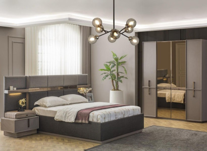 Double bed Complete e Bedroom Bed 4pcs Gray Bedside tables Wardrobe