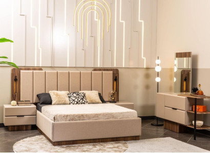 Bedroom Suite Double bed Bedside tables Beige Fabric 4-piece make-up