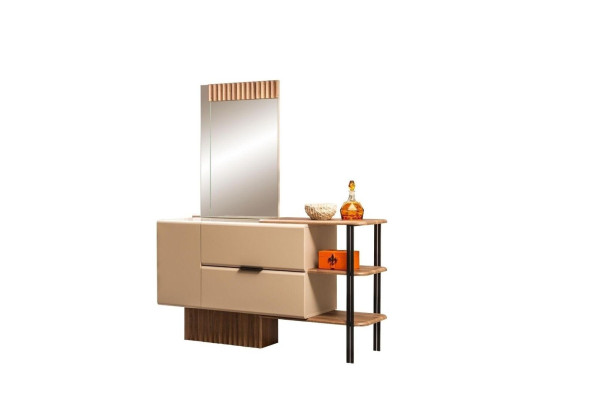 Bedroom Suite Double bed Bedside tables Beige Fabric 4-piece make-up