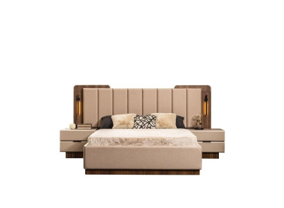 Complete e Bedroom Double bed Bed Bedside tables Beige Fabric 3pcs