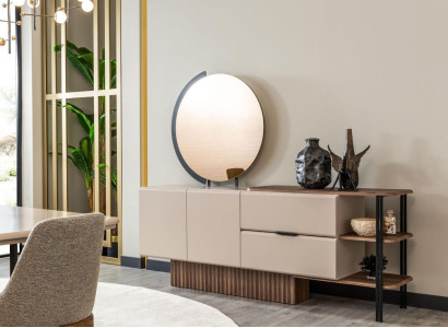 Suite Sideboard with Mirror Beige Wooden Cabinet Wardrobe Wood Design
