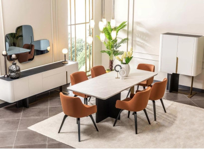 Dinette Dining set 9 pieces Dining room Dining table Chairs Furniture White cabinet