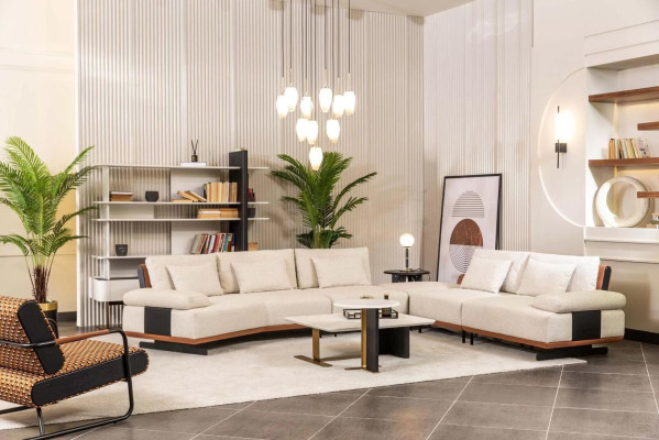 Suite Corner sofa L-shape Armchair Fabric sofa Coffee tables Upholstered sofa Beige