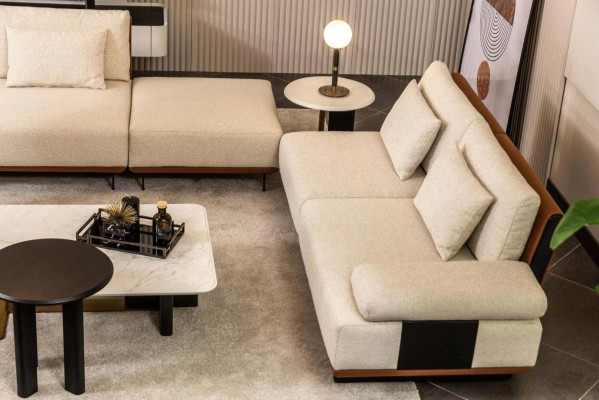 Suite Corner sofa L-shape Armchair Fabric sofa Coffee tables Upholstered sofa Beige