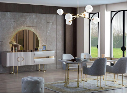 Stylish gray and white dining room furniture luxury dining table 4x textile chairs 6 pieces
