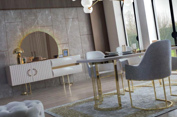 Stylish gray and white dining room furniture luxury dining table 4x textile chairs 6 pieces