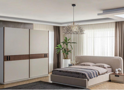 Large Beige Textile Double bed Wood Wardrobe Modern Bedside tables