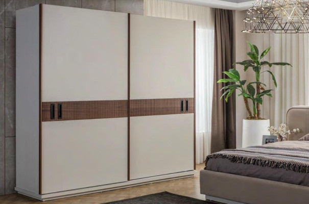 Large Beige Textile Double bed Wood Wardrobe Modern Bedside tables