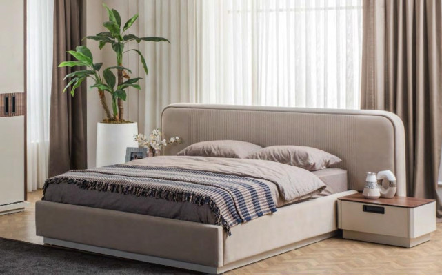 Large Beige Textile Double bed Wood Wardrobe Modern Bedside tables