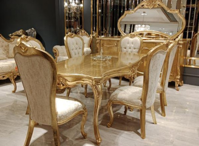 Classic Dining table + 6x Chairs + Sideboard with Mirror Gold Wood Chest of drawers new