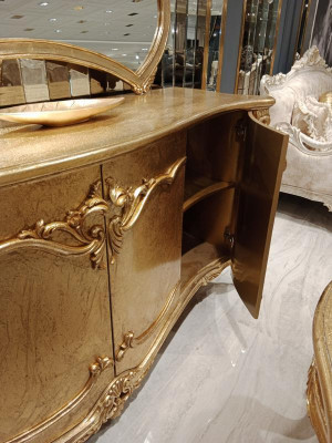 Classic Dining table + 6x Chairs + Sideboard with Mirror Gold Wood Chest of drawers new
