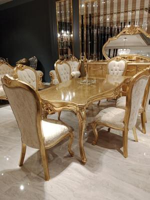 Classic Gold Dining room set wooden table Dining table + 4x Chairs Kitchen Wood new