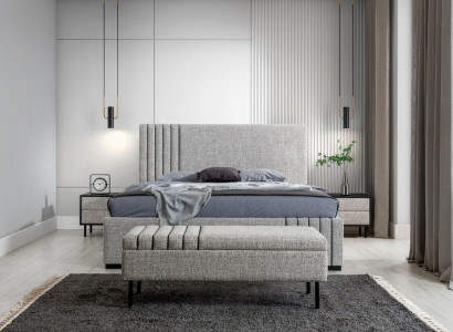 Light gray Bedroom Furniture Designer textile bed 2x Bedside tables Stool