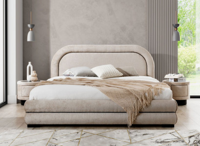 Bedroom Suite Designer Beige Double bed 2x Textile Bedside tables