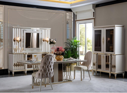 Dining room set white dining table luxury 4x chairs sideboard display case new 8 pieces.