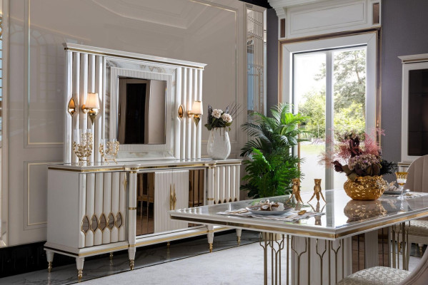 Dining room set white dining table luxury 4x chairs sideboard display case new 8 pieces.