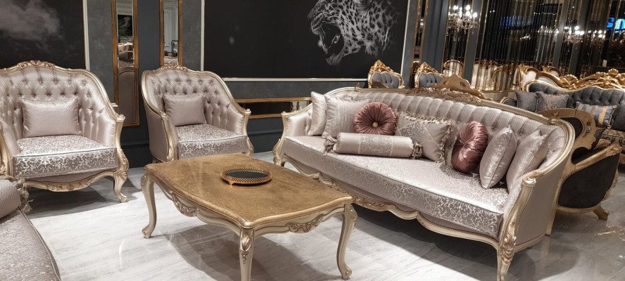 Classic Chesterfield Suite 311 Seat with Coffee table Velvet Gold Wood