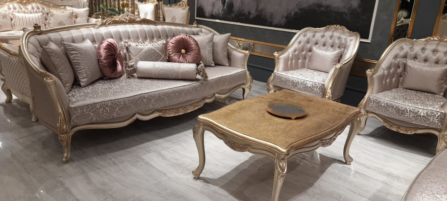 Classic Chesterfield Suite 311 Seat with Coffee table Velvet Gold Wood