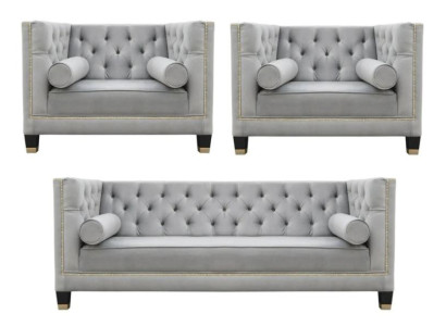 Sofa set Gray Chesterfield Armchair Luxury Furniture Textile Fabric Living room new